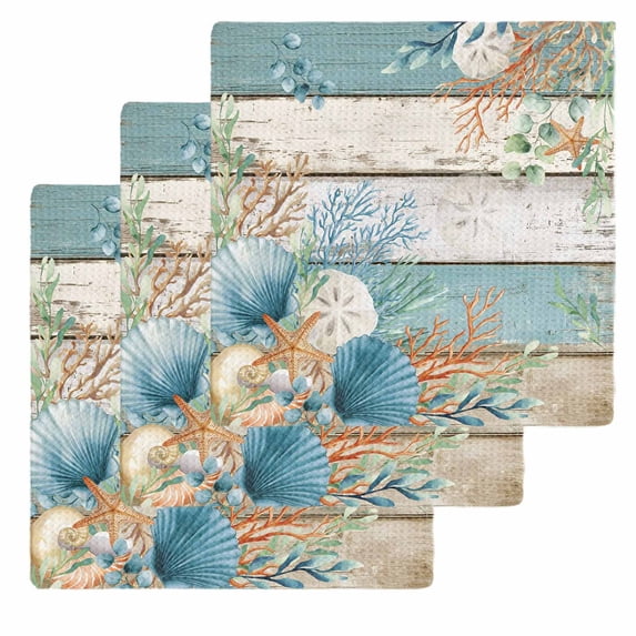 Teal Brown Beach Coastal Kitchen Dish Towels for Drying Dishes Set of 3, Summer Nautical Coral Shell Botanical Vintage Waffle Weave Microfiber Hand Tea Bathroom Towels Quick Dry Absorbent Towel 12x12