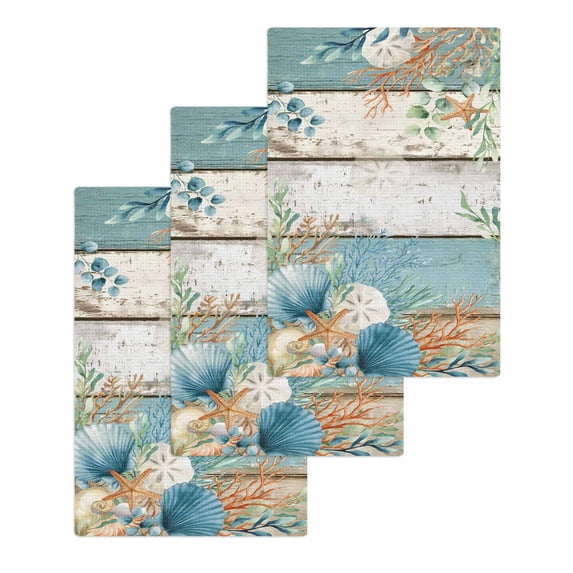 Teal Brown Beach Coastal Kitchen Dish Towels for Drying Dishes Set of 3, Summer Nautical Coral Shell Botanical Waffle Weave Microfiber Hand Tea Bathroom Towels Quick Dry Absorbent Towel 15.7x23.6