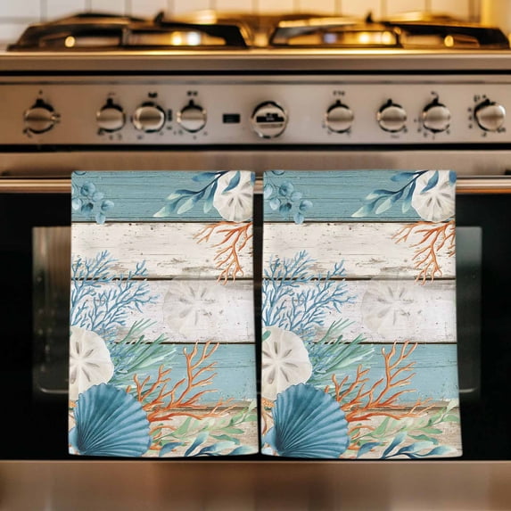 Teal Brown Beach Coastal Kitchen Towels Set of 3, Summer Nautical Coral Shell Botanical Vintage Absorbent Dish Towels for Kitchen, Microfiber Hand Towel,Quick Drying Tea Towel for Cleaning Dishcloths
