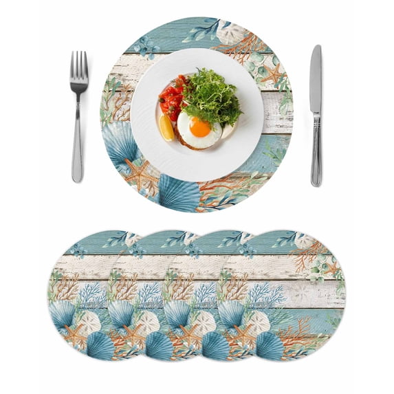 Teal Brown Beach Coastal Round 13 Inch Placemats Set of 4,Summer Nautical Coral Shell Botanical Vintage HeatResistant Non Slip Place Mats for Dining Table,Wipeable Kitchen Table Mats for Housewarming