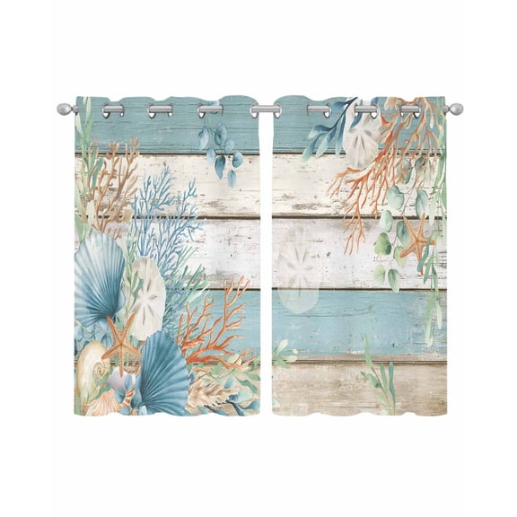 Teal Brown Beach Coastal Sheer Curtains 45 Inch Length 2 Panels Set for Living Room/Bedroom, Summer Nautical Coral Shell Botanical Vintage Kitchen Curtains Curtains Window Treatments 42"x45"x2