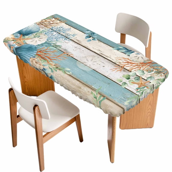Teal Brown Beach Coastal Table Cloths for 5 Foot Rectangle Tables, Summer Nautical Coral Shell Botanical Vintage Patio Waterproof Elastic Fitted Tablecloths, Rectangular Table Cover for Camping