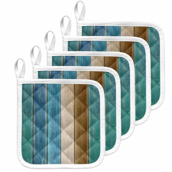 Teal Brown Blue Wooden Pot Holders for Kitchen Heatproof Potholder, 5 Pack Farmhouse Vertical Striped Art Hot Pads Multipurpose Oven Pads Cloth Potholders Trivet for Cooking Baking
