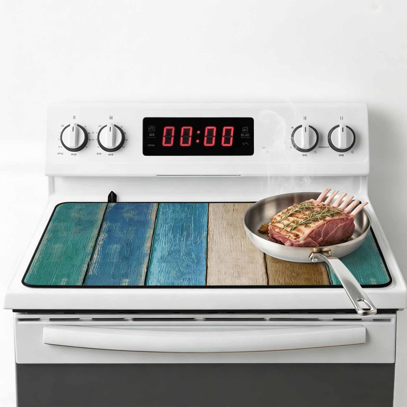 Teal Brown Blue Wooden Stove Top Cover for Electric Stove, Heat-proof & Non Slip Glass Top Stove Cover Protector, Farmhouse Vertical Striped Art Kitchen Flat Cooktop Rubber Mat 24x21 Inches