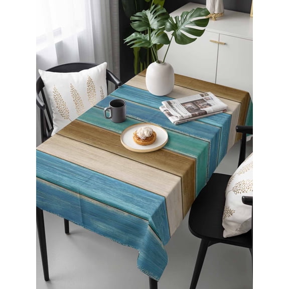 Teal Brown Blue Wooden Tablecloth Rectangle Table Cloth 60x120, Waterproof Tablecloth Outdoor Table Cloth, Farmhouse Vertical Striped Art Washable Table Cover for Kitchen Dinning Party