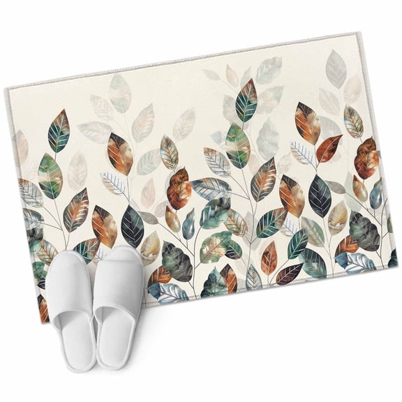 Teal Brown Botanical Bathroom Mat 2x3 FT, Non Slip Small Kitchen Mat, Pastoral Fall Leaf Washable Soft Backed Front Door Throw Rug Non-Shedding Indoor Outdoor Doormat for Entryway Sink