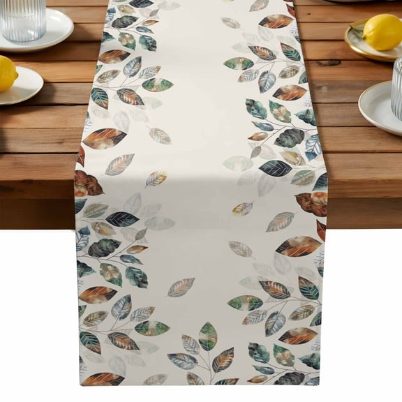 Teal Brown Botanical Cotton Linen Table Runner for Dining Kitchen, Pastoral Fall Weeping Maple Leaf Wedding Outdoor Party Tablerunners Decoration, Dresser Scarf Coffee Tablecloth Runners 13x72 Inches