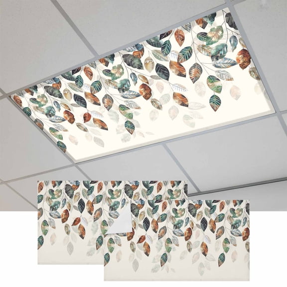 Teal Brown Botanical Fluorescent Light Covers, Pastoral Fall Weeping Maple Leaf Magnetic Light Covers for Ceiling Lights, Fluorescent Ceiling Shade Filters for Classroom Bedroom Office 4x2Ft x 2PCS