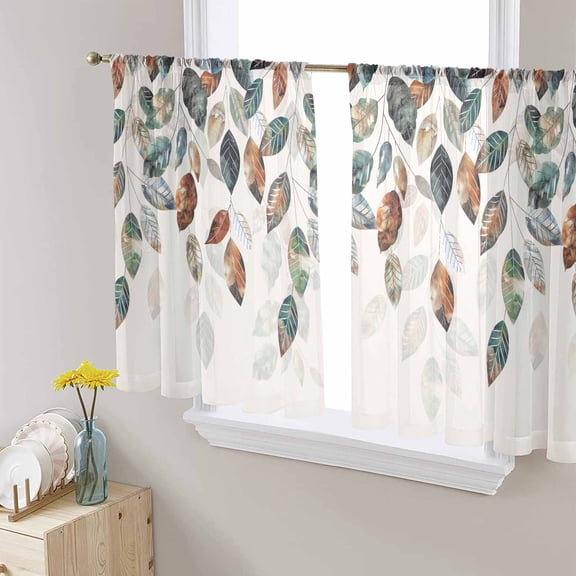 Teal Brown Botanical Sheer Curtains 45 Inch Length 2 Panels Set for Living Room/Bedroom, Pastoral Fall Weeping Maple Leaf Curtain Sheers Drapes Rod Pocket Curtains Window Treatment Set 52''x45''x2