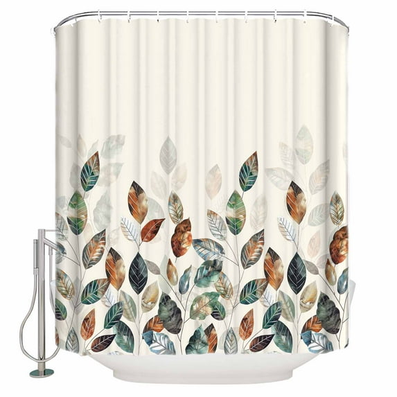 Teal Brown Botanical Shower Curtains for Bathroom Waterproof Fabric Bath Curtains Decor Bath Tub Curtain Pastoral Fall Leaf Decorative Shower Curtain Sets with 12 Hooks, 72x72 Inch