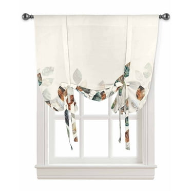 Teal Brown Botanical Tie Up Curtains for Kitchen Bathroom Bedroom Windows 63 Inch Length, Pastoral Fall Leaf Balloon Drape Curtains Shade Rod Pocket Drapery Curtain Panel, 52"x63"