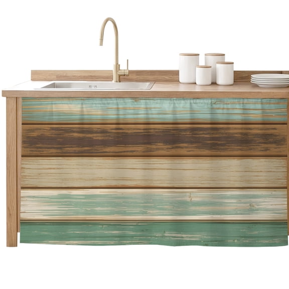 Teal Brown Cabinet Curtains 32"W x 55"L,Dustproof Sink Skirt Curtain for Kitchen Bathroom,Farmhouse Rustic Wooden Plank Board Adhesive Desk Skirt Door Cover Curtains for Pantry Office Closet