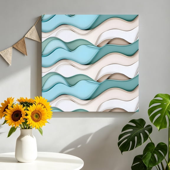 Teal Brown Canvas Wall Art, Gradient Waves Abstract Water Ripple Stripes Framed Canvas Wall Decor Picture Print Artwork Decorations for Living Room Office Ready to Hang 8" x 8"