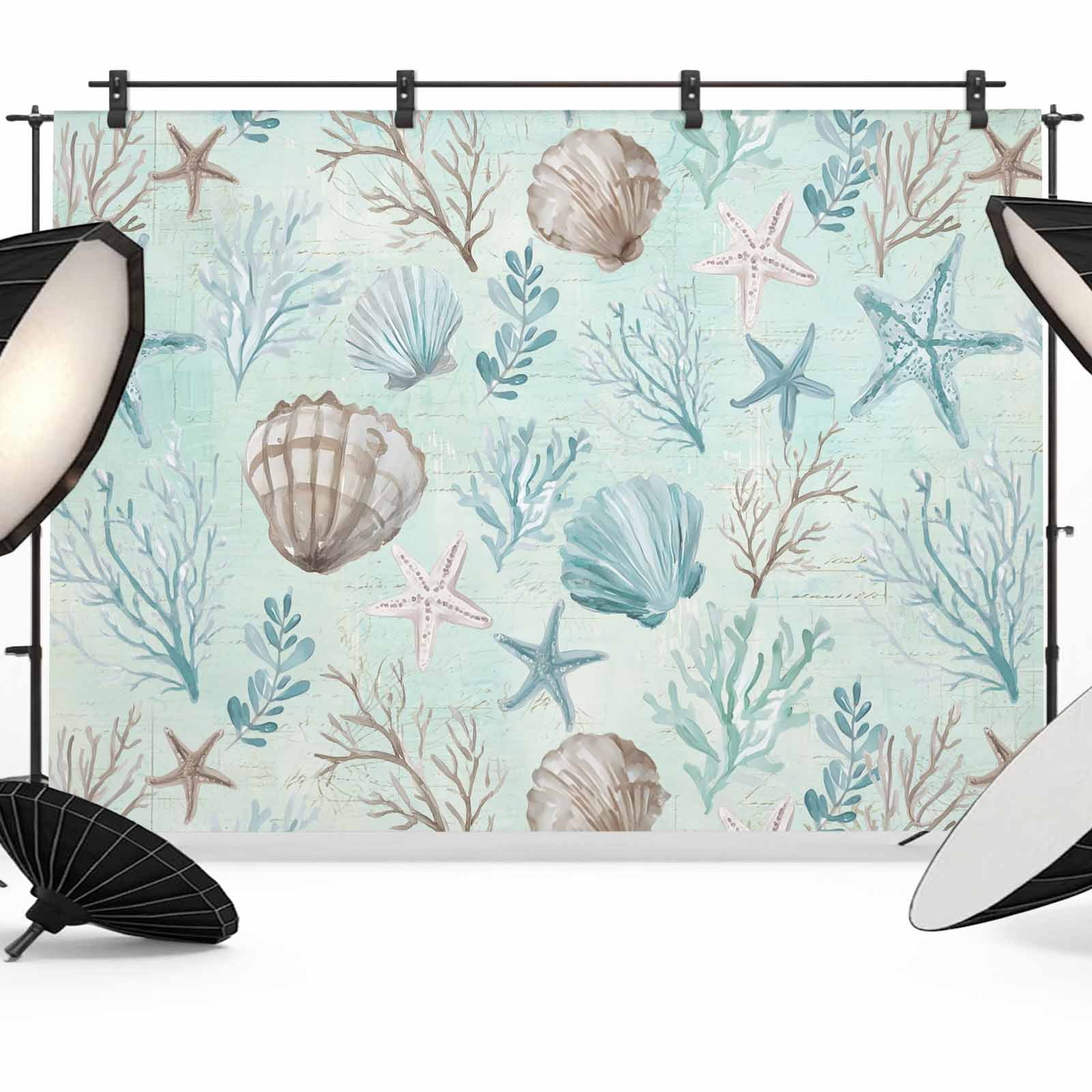 Teal Brown Coastal Photography Backdrop 7x5FT, Summer Starfish Shell ...
