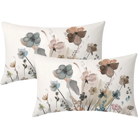 Teal Brown Cream Grey Floral Lumbar Pillow Covers 12x20 In Watercolor Tan Gray Beige Flowers Rectangle Throw Pillows Rustic Abstract Modern Pillowcases Home Decor For Living Room Couch Sofa Set of 2