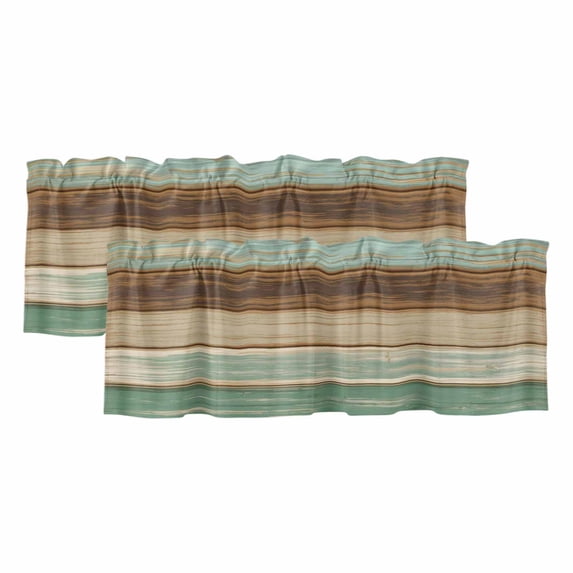 Teal Brown Curtain Valances for Windows, Kitchen Valance Window Treatments Panel 2 Pack, Farmhouse Rustic Wooden Plank Board Rod Pocket Short Curtains for Bathroom Bedroom 42 x 12 Inch
