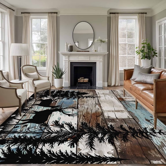 Teal Brown Deer Silhouettes Area Rugs 5'x7', Small Throw Rugs for Laundry Room Playroom, Trees Wooden Retro Art Farmhouse Indoor Outdoor Rug Non-Slip Low Pile Carpet Runner Reversible Floor Mats
