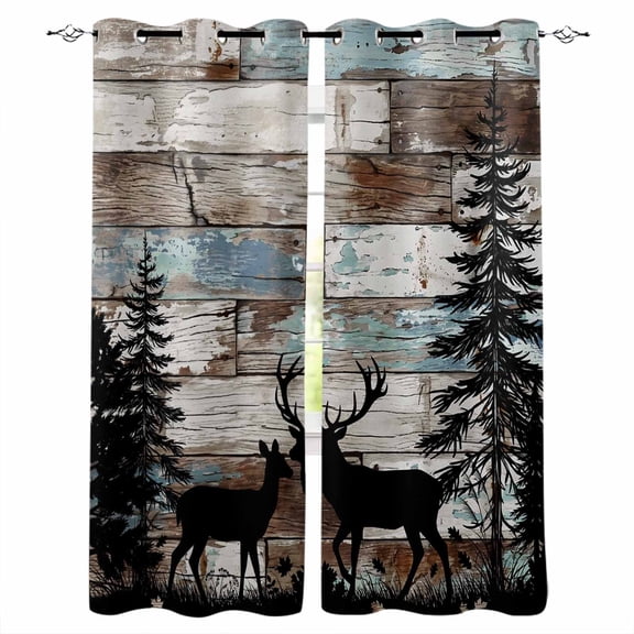 Teal Brown Deer Silhouettes Blackout Curtains for Bedroom, Trees Wooden Retro Art Farmhouse Thermal Insulated Kitchen Drapes with Grommets, Light Blocking Window Treatment, 2 Panels 52" x 72"