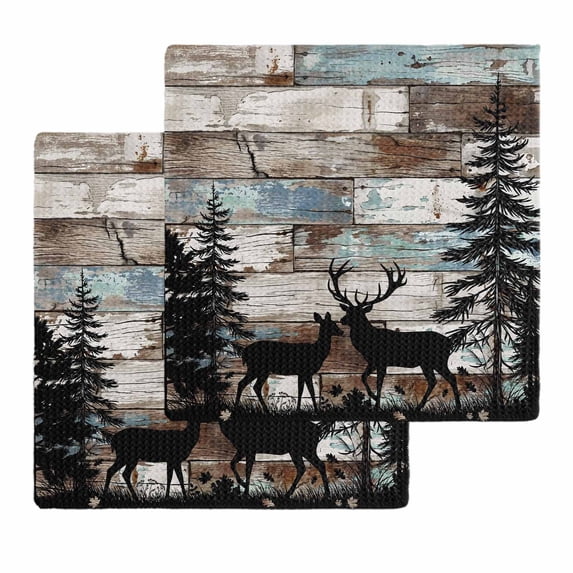 Teal Brown Deer Silhouettes Kitchen Dish Towels for Drying Dishes Set of 2, Trees Wooden Retro Art Farmhouse Waffle Weave Microfiber Hand Tea Bathroom Towels Quick Dry & Absorbent Towel 12x12