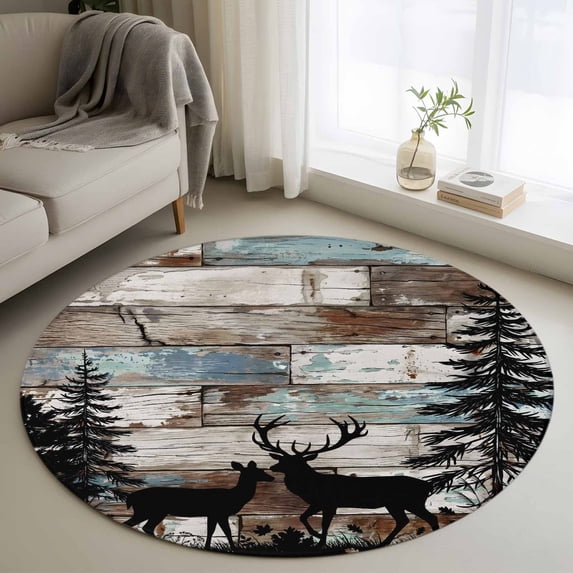 Teal Brown Deer Silhouettes Round Area Rug 3.3Ft Washable Circle Rugs for Dining Room Table, Trees Wooden Retro Art Farmhouse Non-Slip Carpet Floor Mats Indoor Outdoor Carpet Runner Home Decor