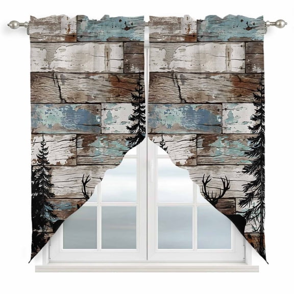 Teal Brown Deer Silhouettes Swag Valances for Windows 2 Pack, Kitchen Window Curtains 36 Inch Length, Trees Wooden Retro Art Farmhouse Privacy Swag Curtains for Living Room/Bathroom 36"x36"