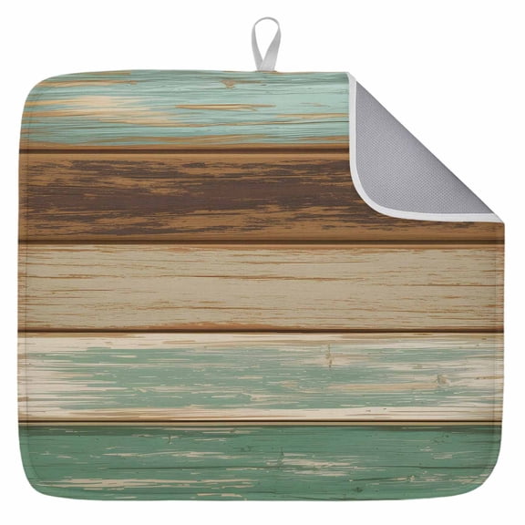 Teal Brown Dish Drying Mat for Kitchen Counter, Farmhouse Rustic Wooden Plank Board Dish Mat Drying Kitchen Mat for Sink Fridge Drawer Absorbent Dishes Drainer Mats Microfiber Drying Pad 1pcs 16"x18"