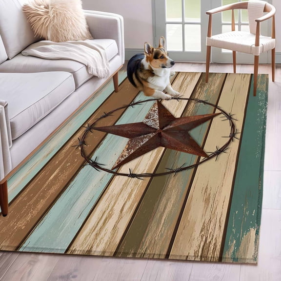Teal Brown Farmhouse Area Rug 3x5 FT, Non Slip Entryway Bedside Carpet, Country Texas Star Vintage Washable Soft Floor Carpet Indoor Mat Non-Shedding Throw Rugs for Dorm Kitchen Home Office