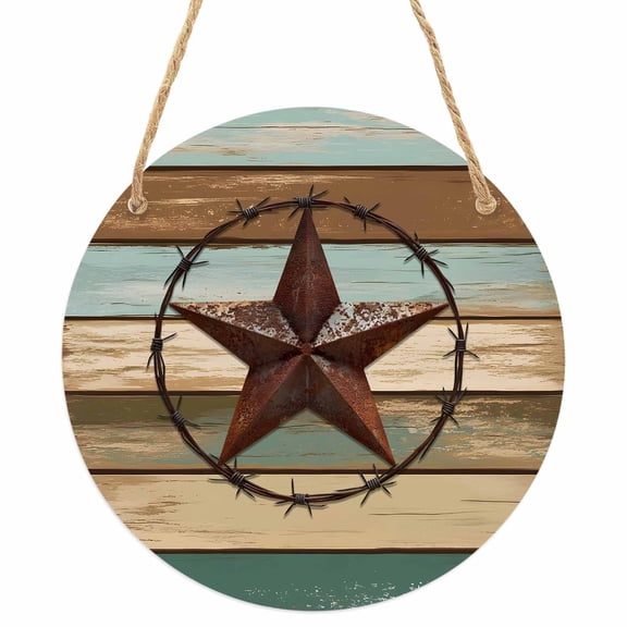 Teal Brown Farmhouse Round Front Door Welcome Sign, 5.9 Inch Wall Hanging Decor for Indoor Outdoor, Country Texas Star Vintage Home Porch Hanger Decorations for Holiday Gift