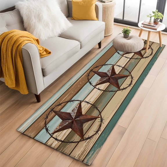 Teal Brown Farmhouse Runner Rug 2x6 FT,Non Slip Hallway Rugs,Country Texas Star Vintage Washable Soft Floor Carpet Non-Shedding Throw Runner Carpet Long Rug for Entryway Kitchen Bedside Sliding Door