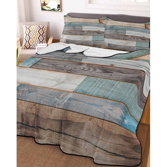 Teal Brown Farmhouse Twin XL Size Down Alternative Comforter, Lightweight Comforter Quilt Bedding Set with Pillow Shams Vintage Retro Wooden All Seasons Bed Comforter Duvet Insert 68"x98"