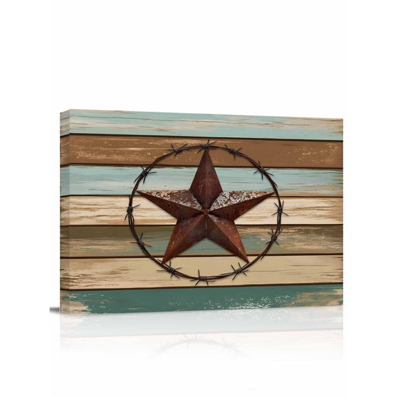 Teal Brown Farmhouse Wall Art for Living Room,Canvas Picture Wall Decor for Bathroom Bedroom,Country Texas Star Vintage Painting Artwork for Office Kitchen Hallway Dining Room Home Decor 12"x16"