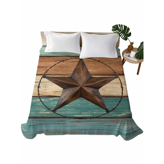 Teal Brown Flat Sheet Only Twin Size, Soft Breathable Bed Top Sheets for Mattress, Country Texas Star Farmhouse Barn Door Wood Luxury Bedding Flat Sheets for Home Hotel Bedroom Bed Protection