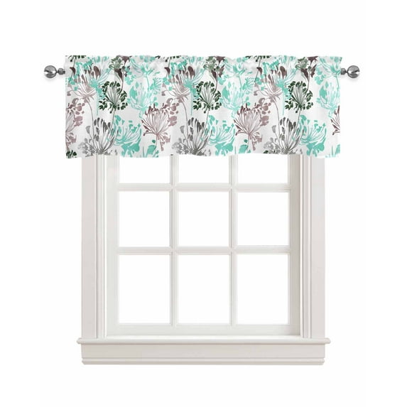 Teal Brown Flowers Linen Curtain Valance for Bedroom/Bathroom/Kitchen/Office/Living/Dining Room Window,Watercolor Spring Floral Botanical Rod Pocket Topper Decorative Cafe Drapes Panel 54"x18"