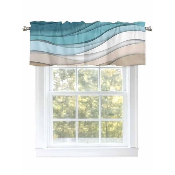Teal Brown Gradient Valances for Windows, Rod Pocket Kitchen Valance Curtains - Soft & Washable Small Window Treatment for Living Room, Bathroom, Abstract Water Ripple , 42x12 Inch, 1 Panel
