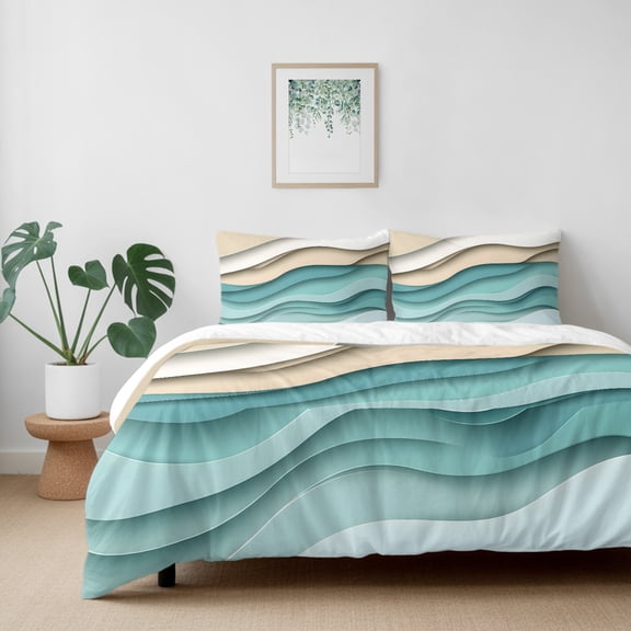 Teal Brown Gradient Water Ripple California King Size Bed Set,Abstract Geometric Bedding for All Seasons,4 Pcs Bed Set with 1 Quiltcover (96"x104"),1 Sheet (110"x98"),2 Pillowcases (20"x36")