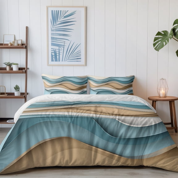 Teal Brown Gradient Water Ripple California King Size Bed Set,Modern Abstract Wave Art Bedding for All Seasons,4 Pcs Bed Set with 1 Quiltcover (96"x104"),1 Sheet (110"x98"),2 Pillowcases (20"x36")