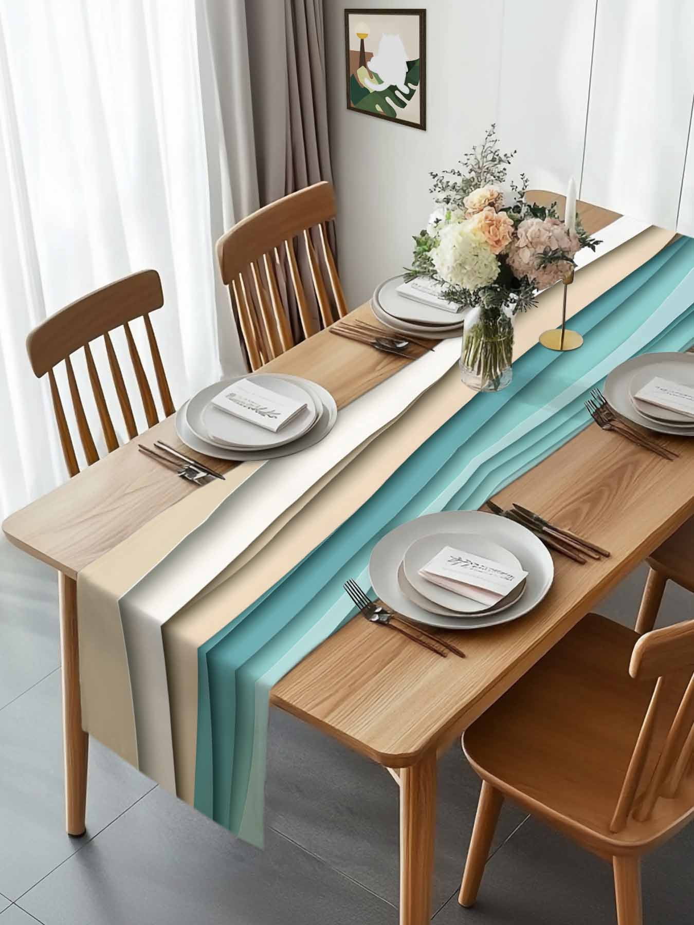 Teal Brown Gradient Water Ripple Table Runner 90 Inches Long, Abstract Geometric Table Runners Tabletop Scarf Kitchen Dining Tables Decoration for Home Party Indoor Outdoor