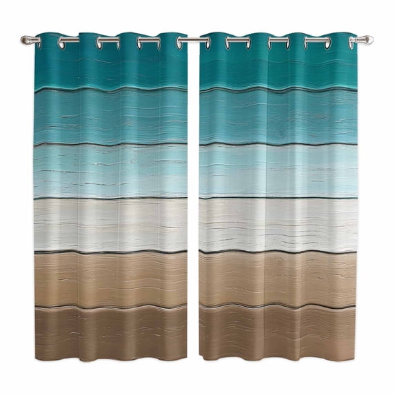 Teal Brown Kitchen Curtains 63 Inch Length, Rustic Vintage Abstract Ombre Wooden Plank Grommet Top Bedroom Living Room Curtains, Light Filtering Cafe Curtain Drapes 2 Panels Set 84''x63''