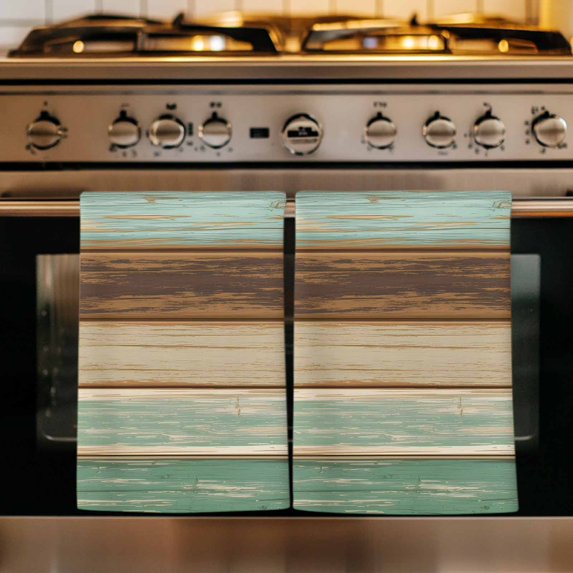 Teal Brown Kitchen Towels Set of 1, Farmhouse Rustic Wooden Plank Board Absorbent Dish Towels for Kitchen, Microfiber Hand Towel, Quick Drying Tea Towel for Cleaning Decorative Dishcloths