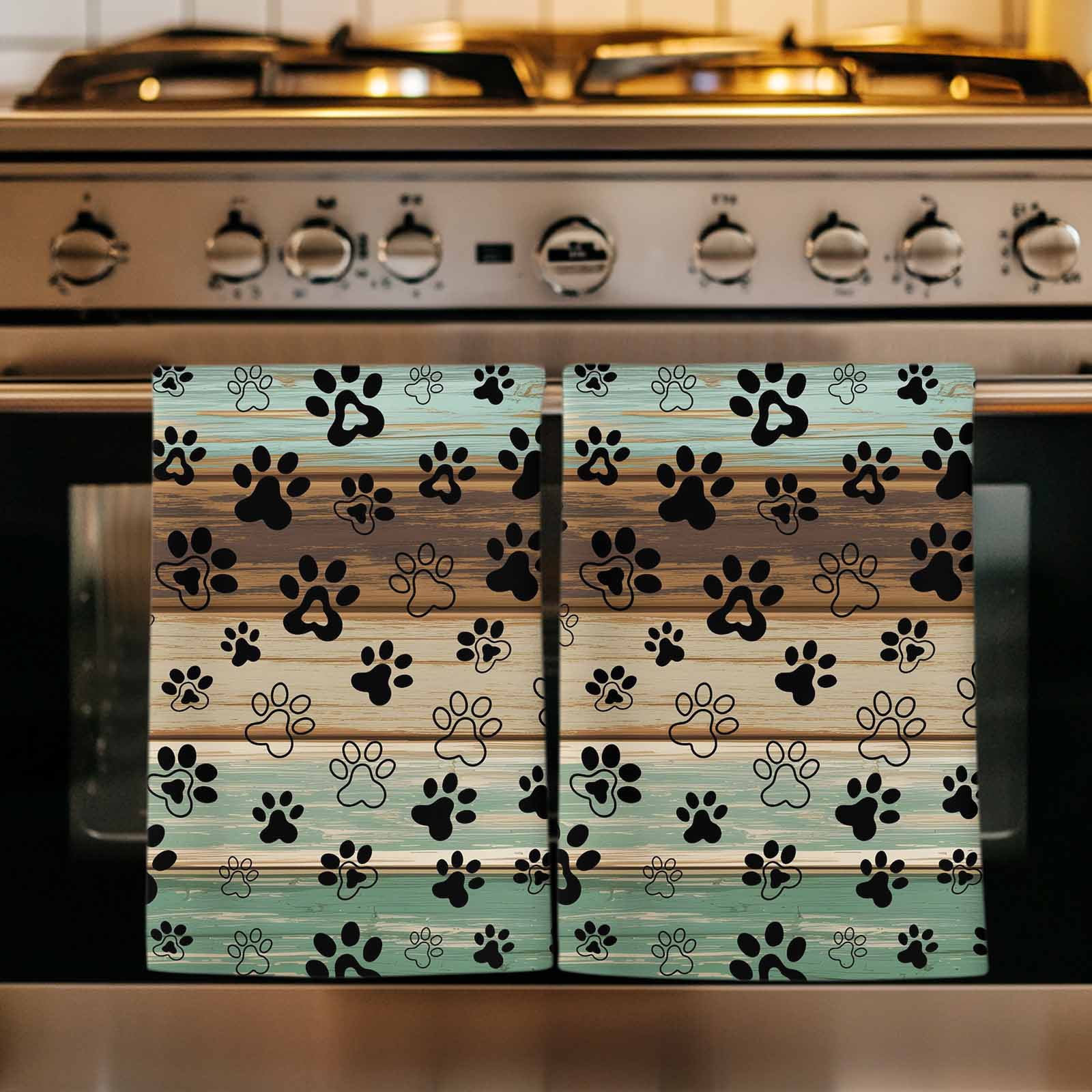Teal Brown Kitchen Towels Set of 2, Pet Paw Printed Farmhouse Dog Claws Wood Grain Absorbent Dish Towels for Kitchen, Microfiber Hand Towel, Quick Drying Tea Towel for Cleaning Decorative Dishcloths