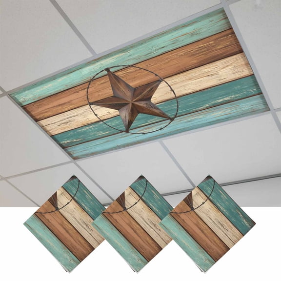 Teal Brown Magnetic Fluorescent Light Covers for Ceiling Lights 2x4Ft, Country Texas Star Farmhouse Barn Door Wood Office Classroom Kitchen Drop Ceiling Light Covers Filters Shade Panel 3 Packs