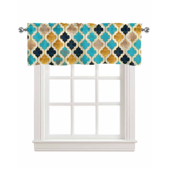 Teal Brown Navy Blue Linen Curtain Valance for Bedroom/Bathroom/Kitchen/Living/Dining Room Window,Retro Contemporary Morocco Geometric Trellis Pocket Topper Drapes Decorative Cafe Drapery 42"x12"