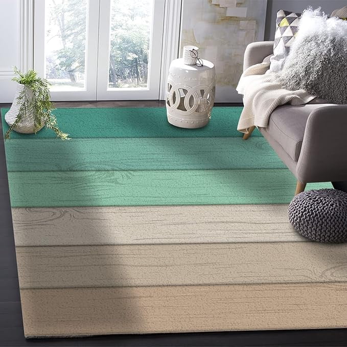Teal Brown Ombre Area Rug, Turquoise Wooden Striped Decorative Rug ...