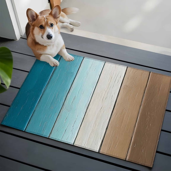 Teal Brown Ombre Bathroom Mat 2x3 FT, Non Slip Small Kitchen Mat, Vintage Country Wooden Washable Backed Front Door Throw Rug Non-Shedding Indoor Outdoor Doormat for Entryway Sink