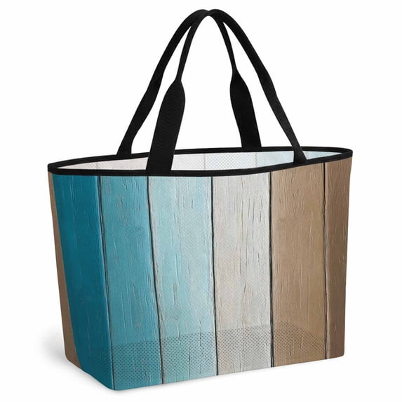 Teal Brown Ombre Beach Bag for Women, Large Breathable Mesh Beach Tote Bag, Vintage Country Wooden Sandproof Lightweight Travel Bags for Vacation Picnic Swimming Pool 15.7"x15.7"x9.1"