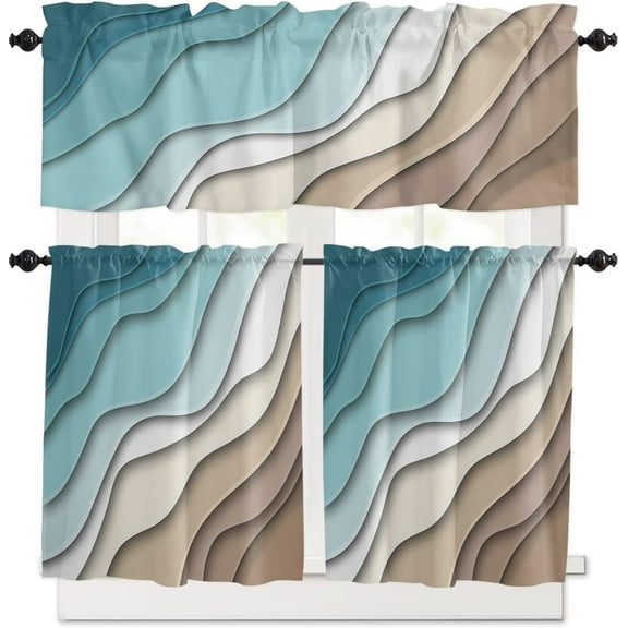 Teal Brown Ombre Kitchen Curtains Set Short Half Curtains 36 Inches Length, Turquoise Tier Curtains and Valance Set Modern Geometric Aesthetic Curtain Window Treatment Draperies for Cafe Bathroom