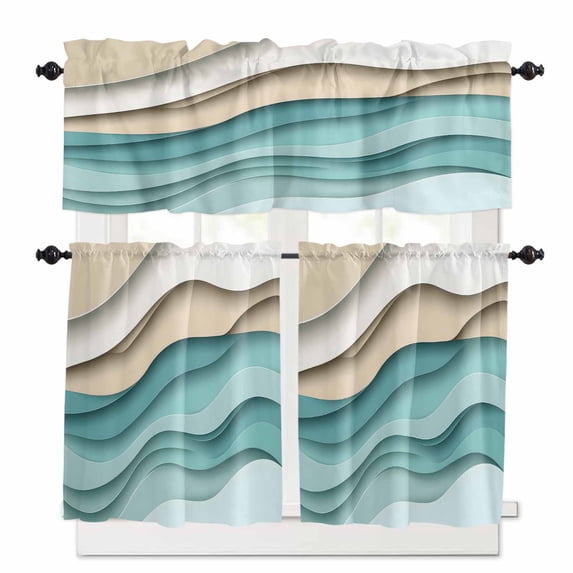 Teal Brown Ombre Kitchen Curtains and Valances Set, 3 Piece Kitchen Curtains Set 36 Inch Length, Modern Abstract Moire Art Geometric Rod Pocket Curtains Tier Farmhouse Window Curtains