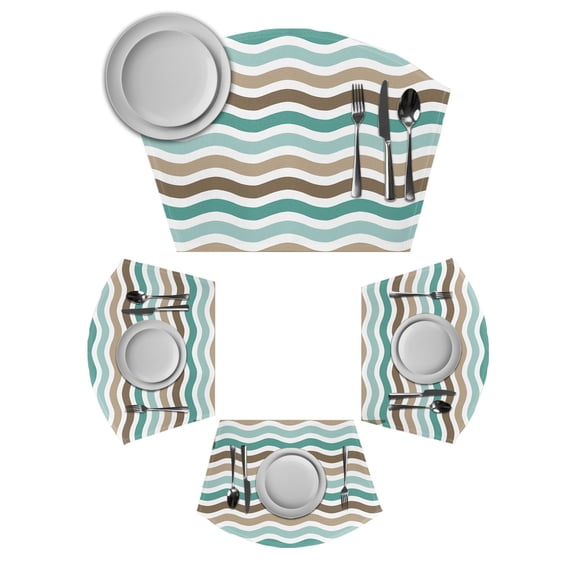 Teal Brown Ombre Round Table Placemats Set of 2 Wedge Placemats, Geometric Striped Water Ripple White Place Mats for Dining Table Set Washable Mats Kitchen Decor for Indoor Outdoor Wipe Clean