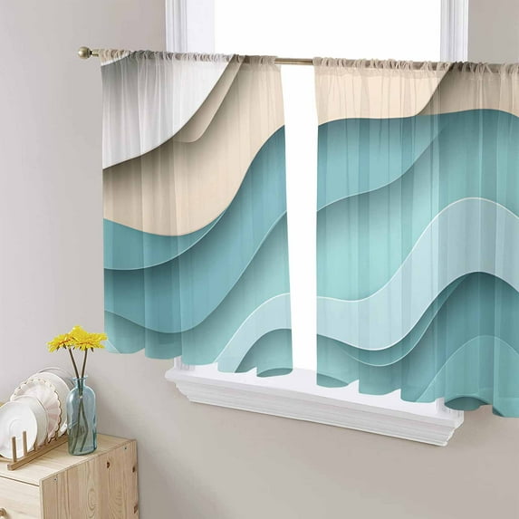 Teal Brown Ombre Sheer Curtains 54 Inches Length 2 Panels Set, Window Sheer Curtains for Living Room/Bedroom, Modern Abstract Moire Art Geometric Light Filtering Rod Pocket Curtain 52'' x 54'' x 2