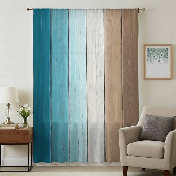 Teal Brown Ombre Sheer Curtains 54 Inches Long, Vintage Country Wooden Light Filering Curtains, Breathable Simi Curtain Privacy Drapes for Kitchen Bathroom Nursery Lightweight Small Window Treatment